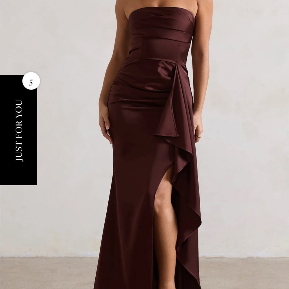 Ace CHOC BRWN SATIN BANDEAU SPLIT DRESS W DRAPE